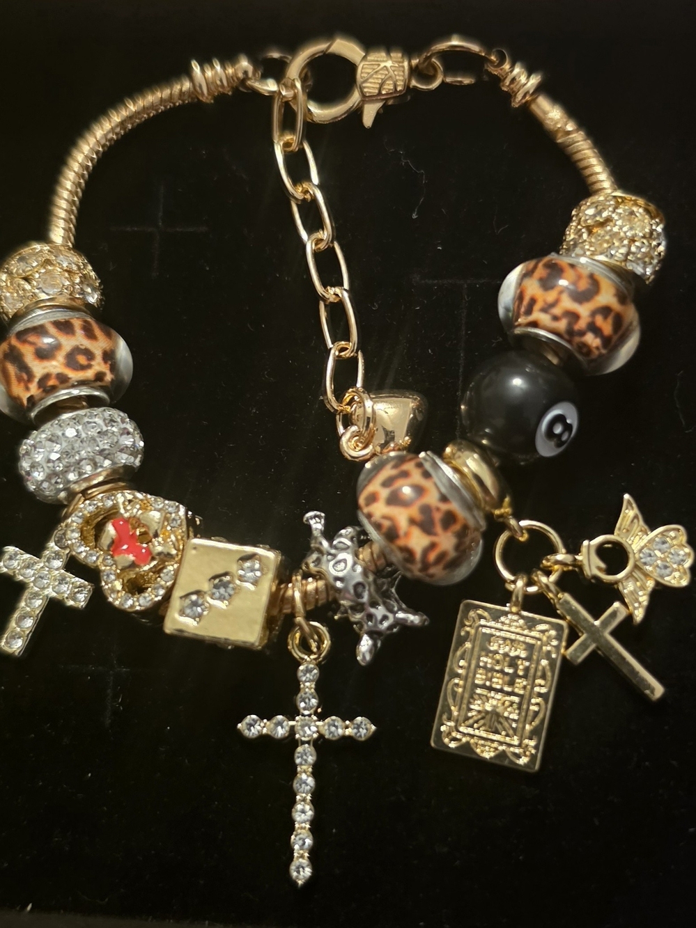 Gold Charm Bracelet with Leopard Beads and Crystal Cross - Women Jewelry